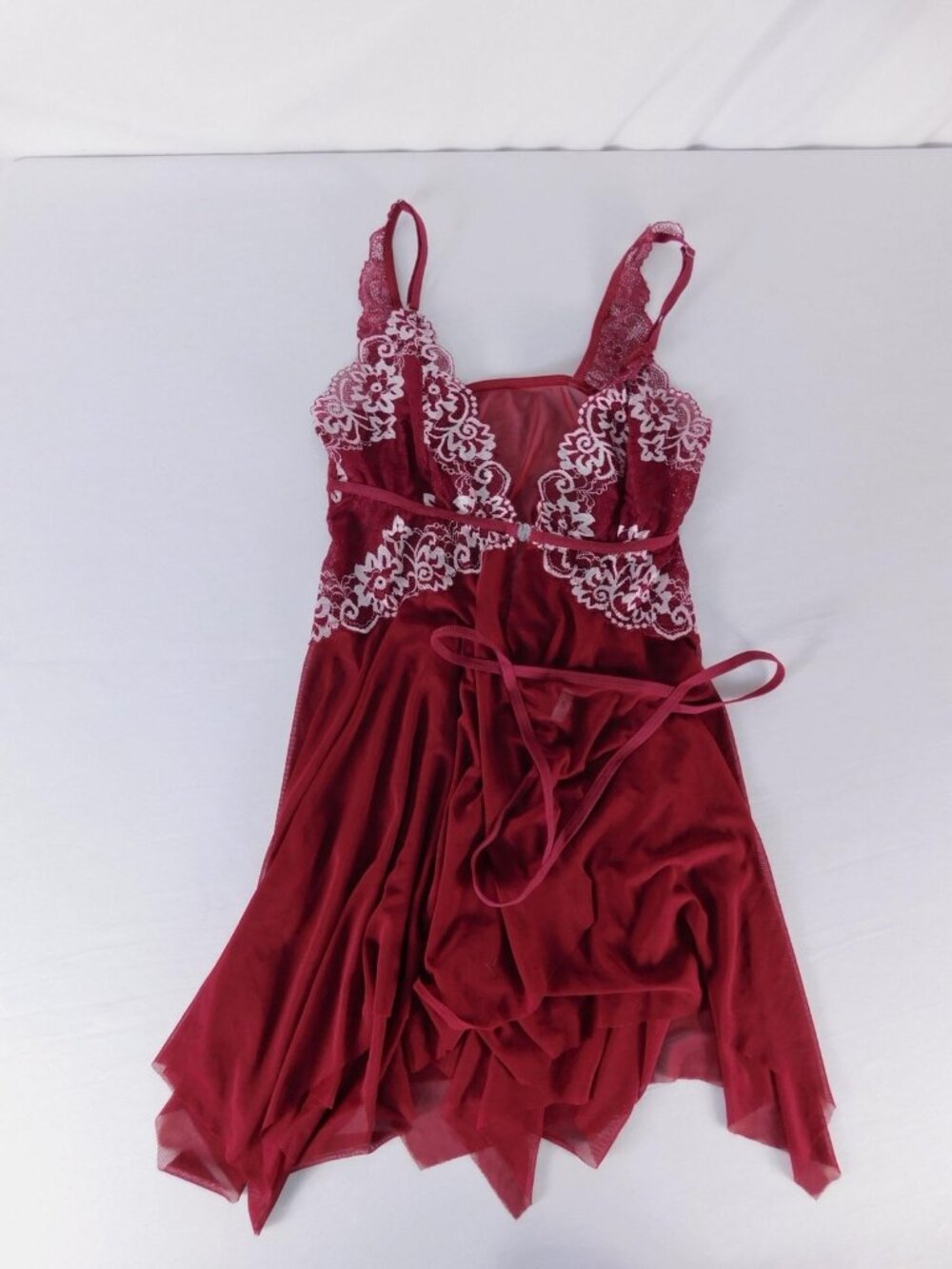 Babydoll Pajama Set Womens S Red Mesh Floral Lace Embroidered 2 Piece Thong